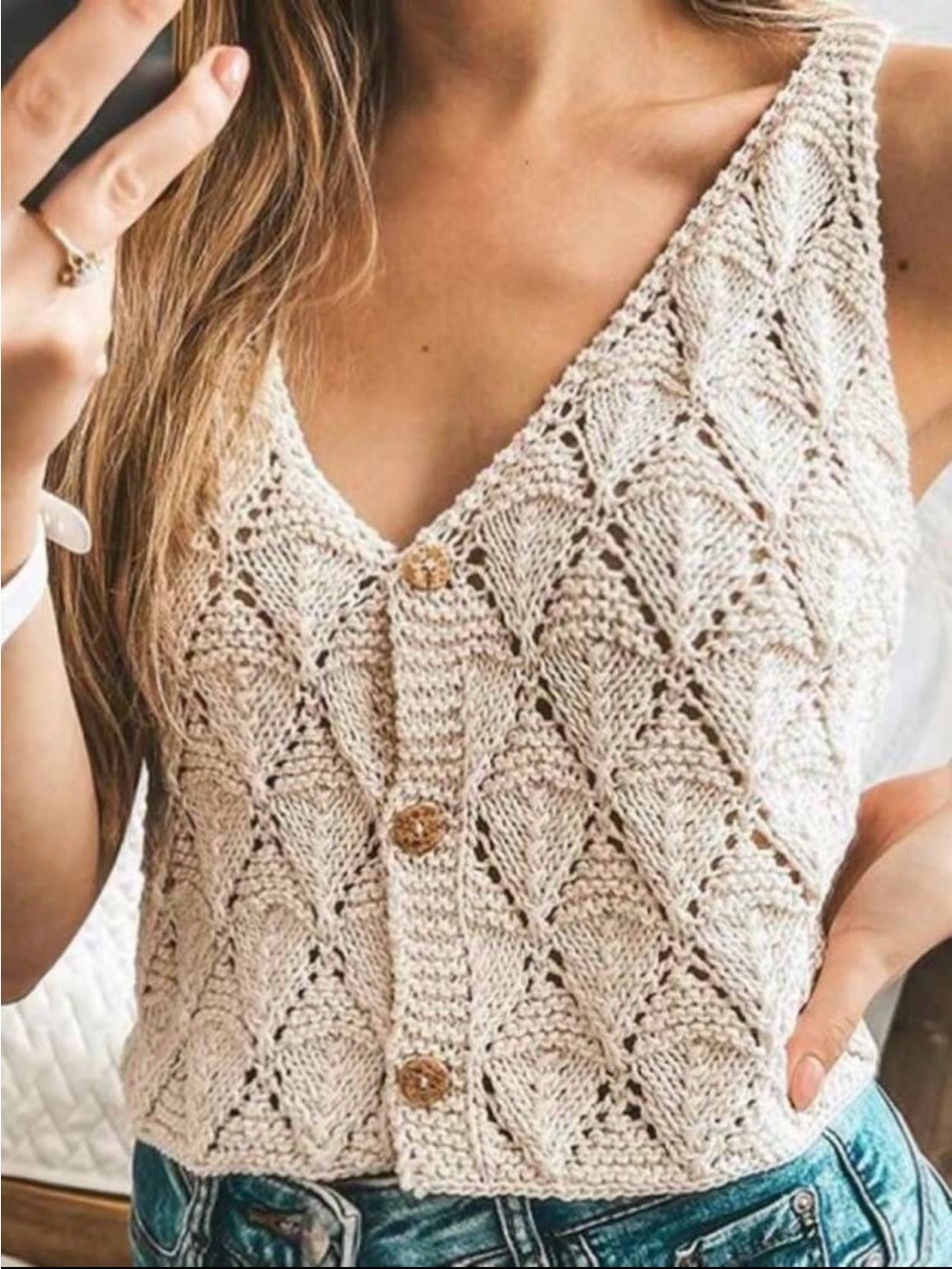 Crocheted V-Neck Button Front Tank Top - Cream